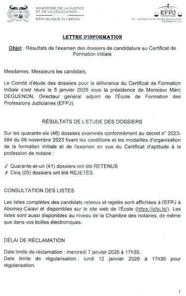 Résultats de l'examen des dossiers de candidature au Certificat de Formation Initiale
